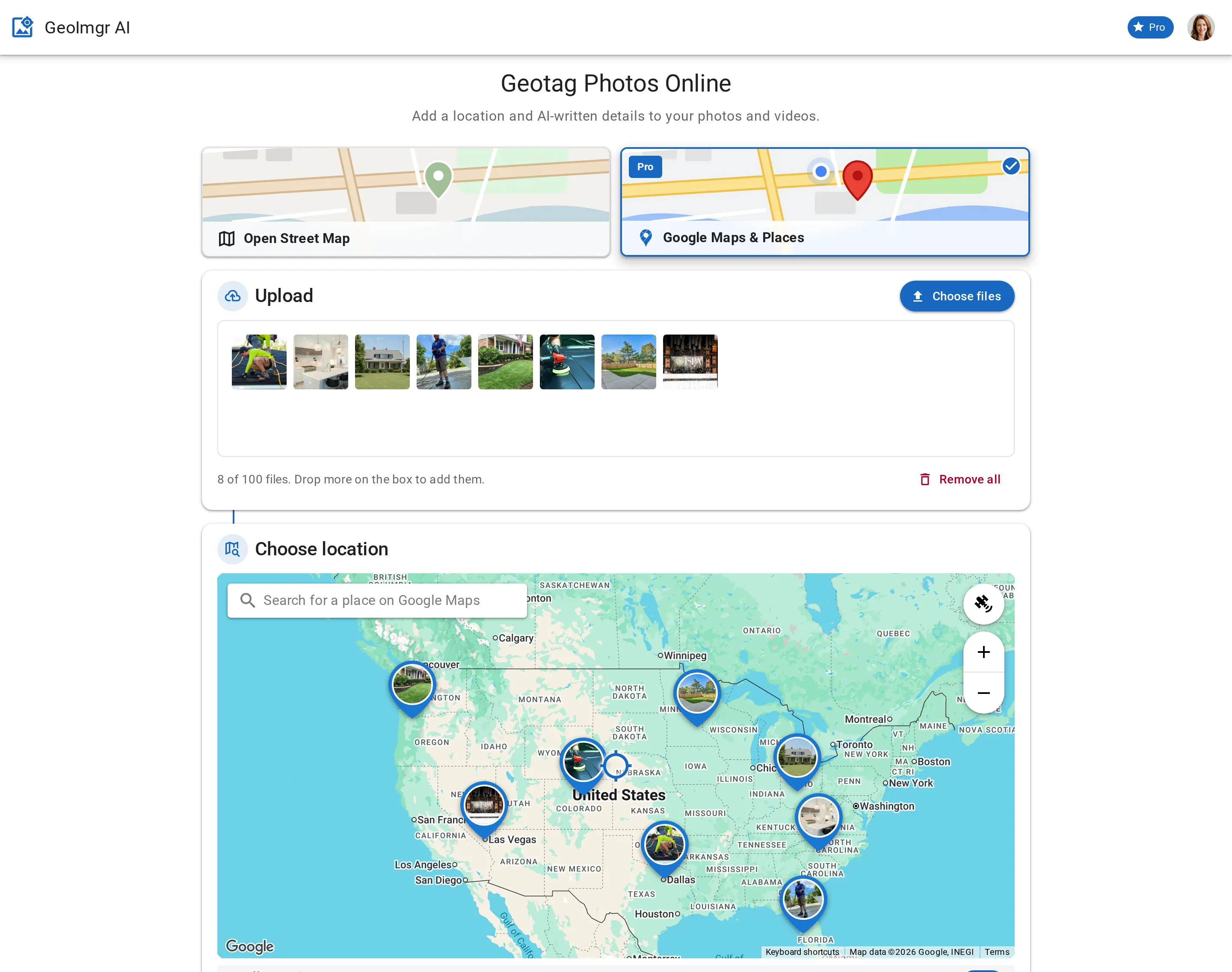 GeoImgr AI with photos uploaded, a location chosen on the map and the steps to geotag them